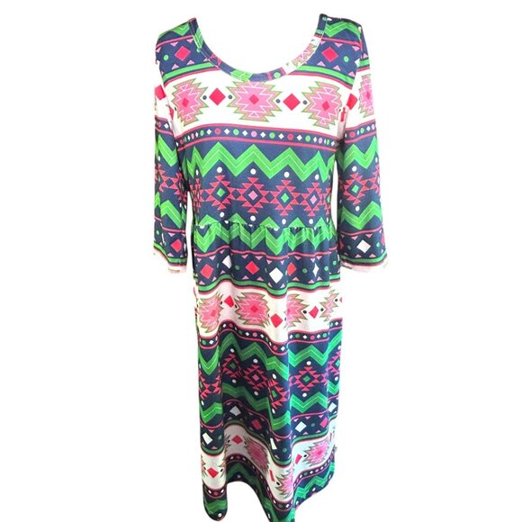 Lolly Wolly Doodle Aztec Pattern Dress M 3/4 Sleeves Multicolor Made In USA - Picture 1 of 7